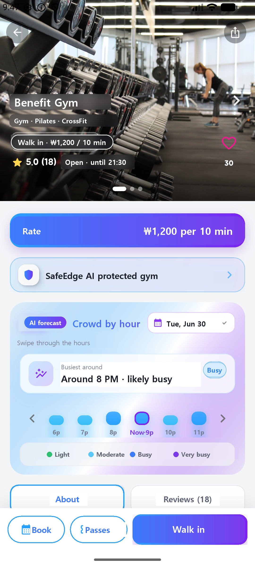 Fit-Baro store detail — per-minute billing and AI crowd forecast