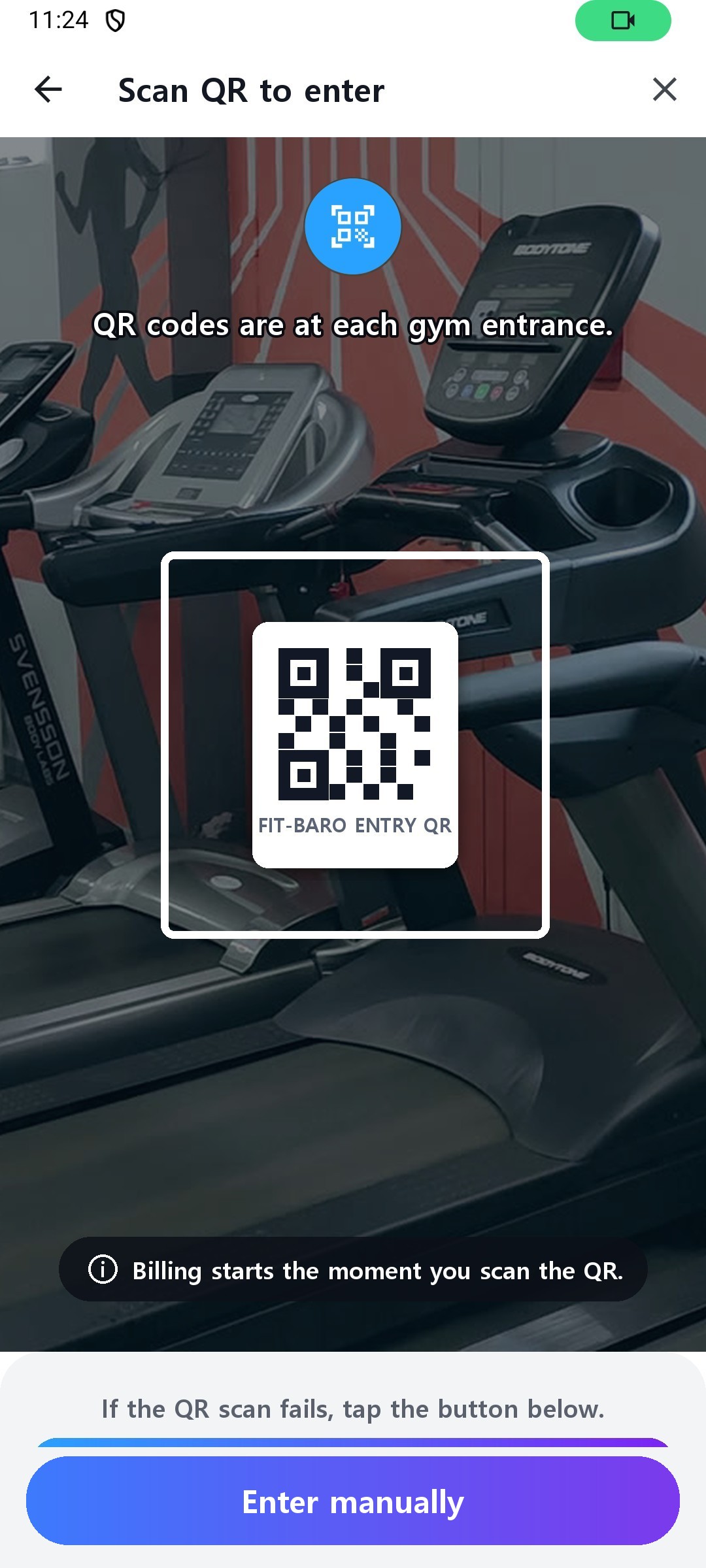 3-sec entry — Scan the QR — entry and billing start