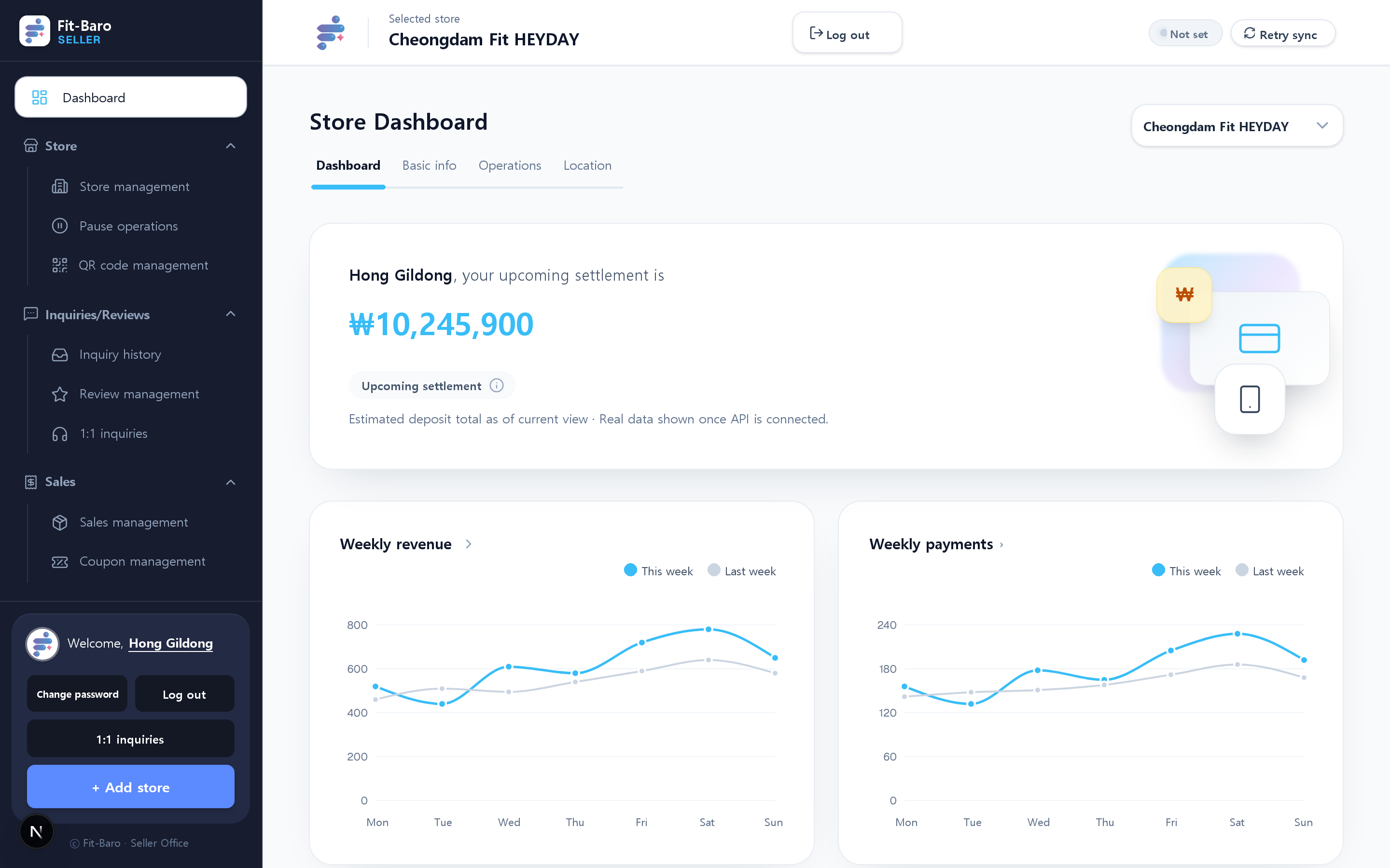 Store-owner dashboard — expected settlement and weekly revenue analytics