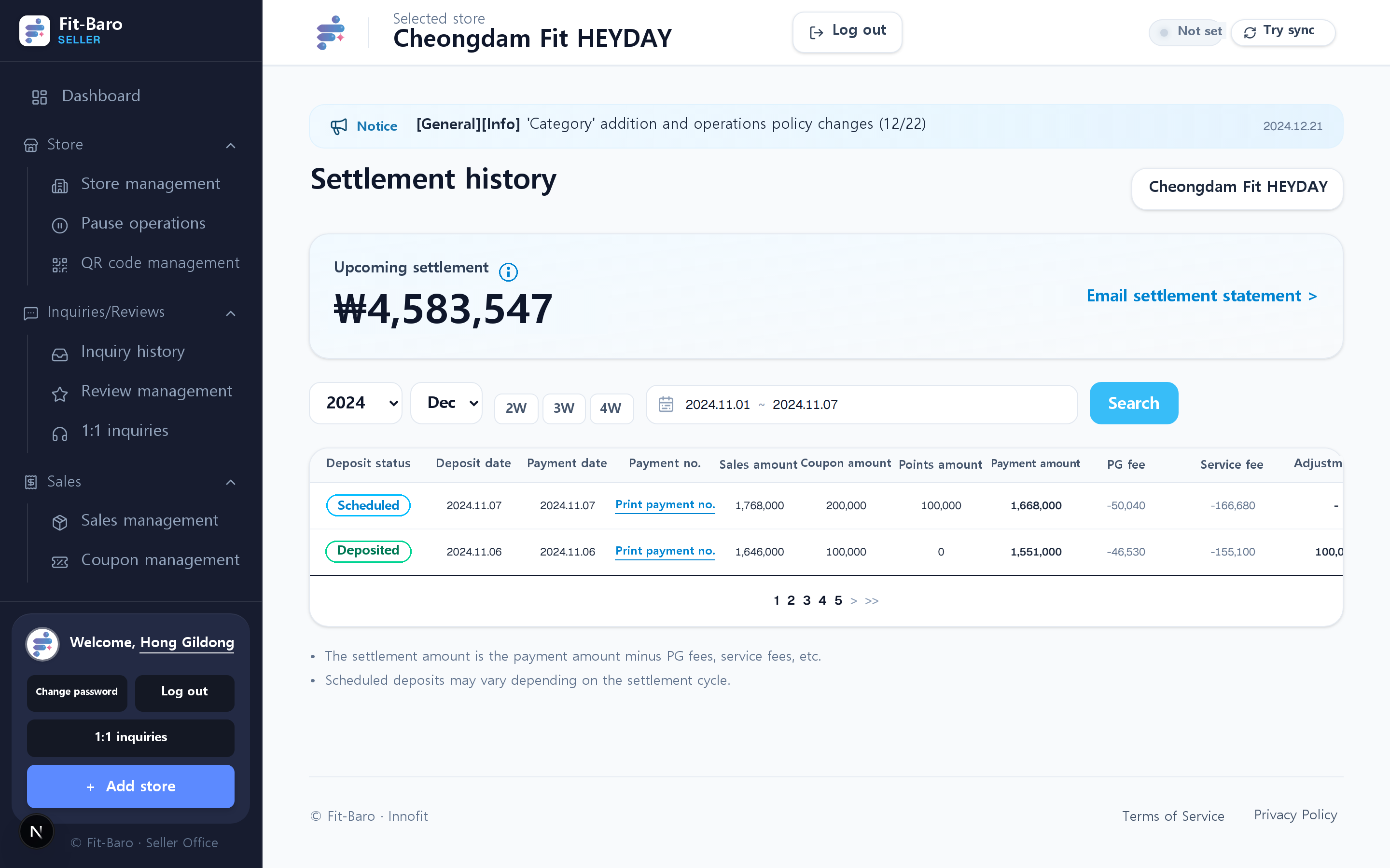 Settlement history with automatic fee deduction